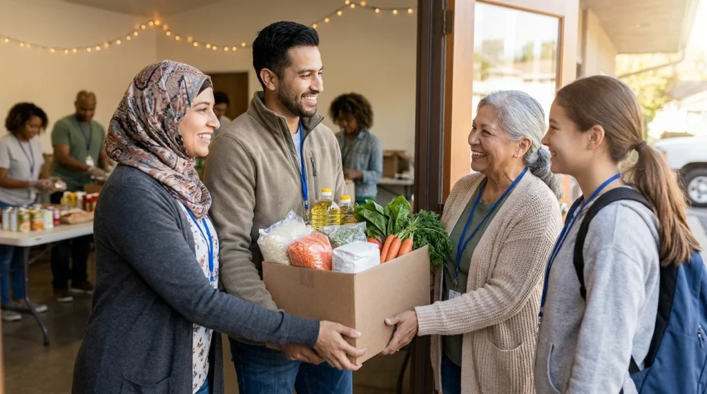 Volunteers delivering a monthly grocery box to a grandmother and granddaughter living on a low income