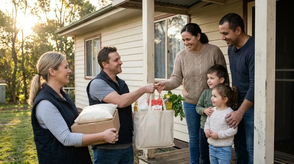 Volunteers delivering monthly groceries to a family in need, supporting households affected by poverty
