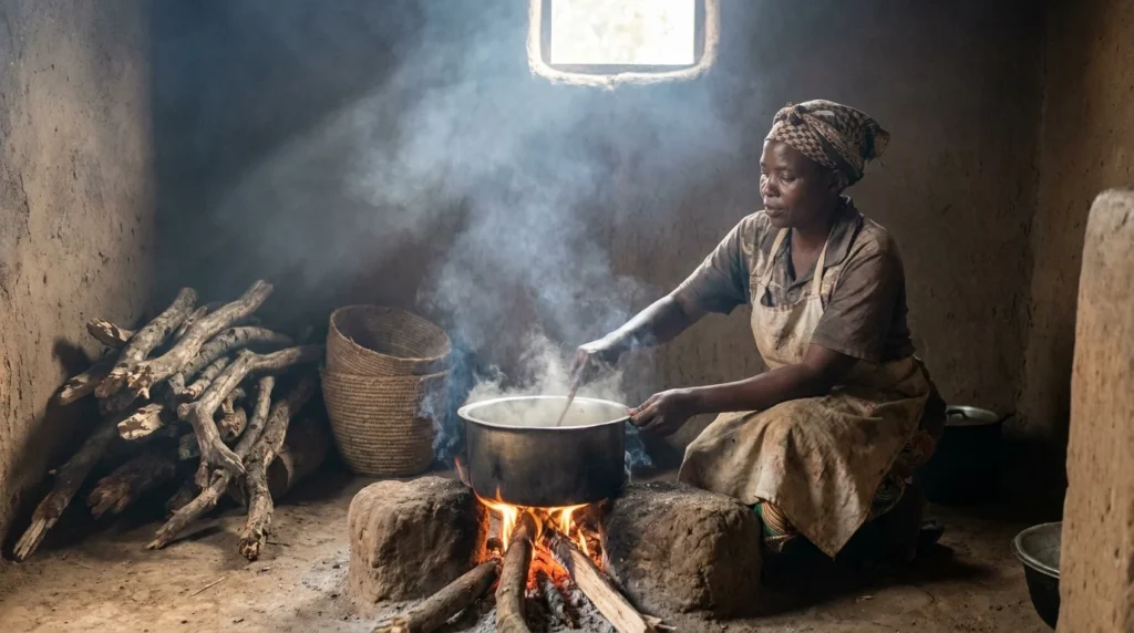 Woman cooking over a smoky wood fire indoors, a common cause of household air pollution