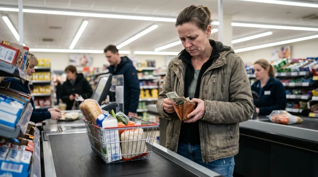 Woman counting money at a supermarket checkout, illustrating how relative poverty makes everyday costs hard to manage