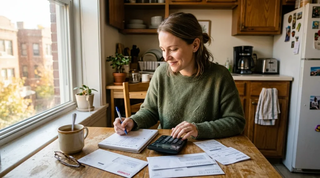 Woman reviewing her monthly budget and bills at a kitchen table while planning how to get out of poverty