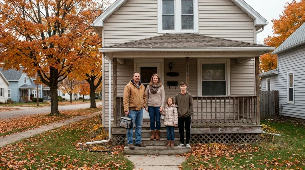 Working family of four outside their modest home in Ohio, representing households living near the poverty line