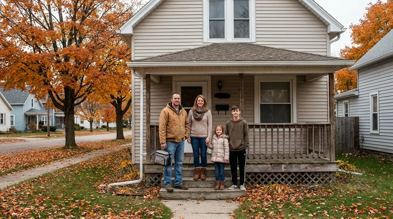 Working family of four outside their modest home in Ohio, representing households living near the poverty line